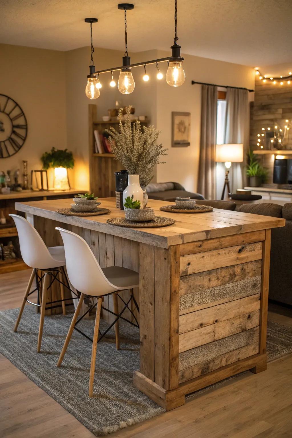 The harmonious mix of rustic and modern aesthetics in a combined kitchen island dining arrangement.