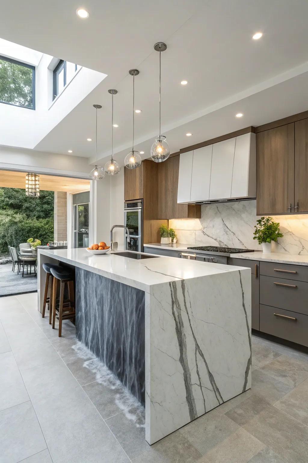 A waterfall edge brings a smooth and contemporary vibe to your kitchen island.