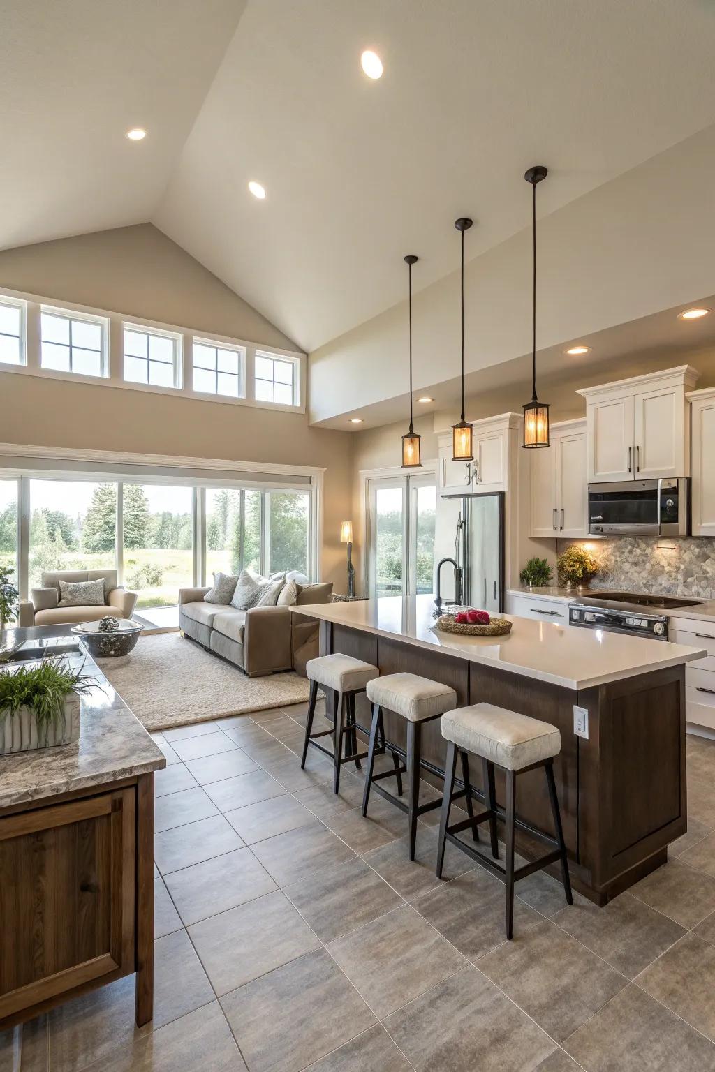 A kitchen featuring a spacious layout flawlessly linking to the living room.