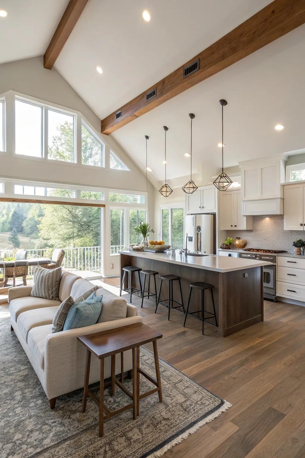 An open kitchen layout smoothly transitioning into the living room.