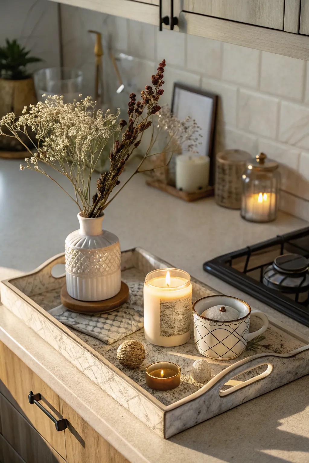 Employ a tray to neatly arrange decorative elements on your kitchen surface.