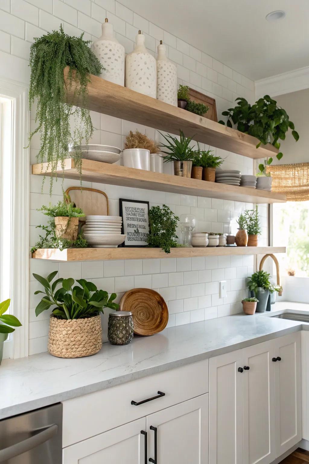 Mounted shelves beautifully display plants and decor in a modern kitchen.