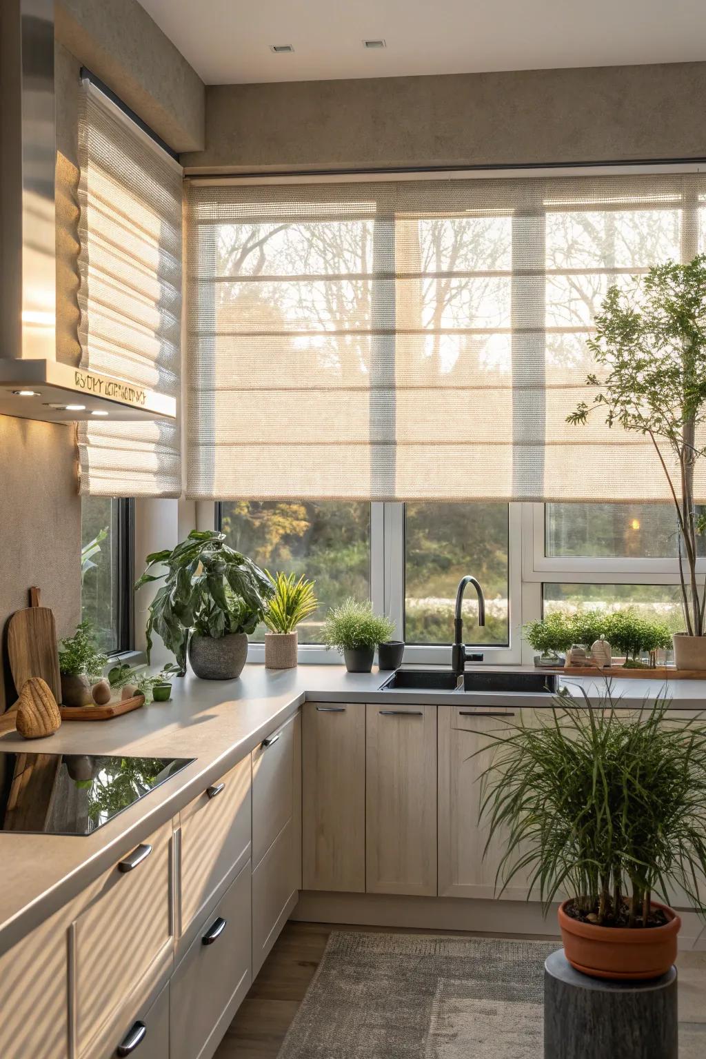 Transparent blinds provide a balance of light and privacy, creating a peaceful kitchen environment.