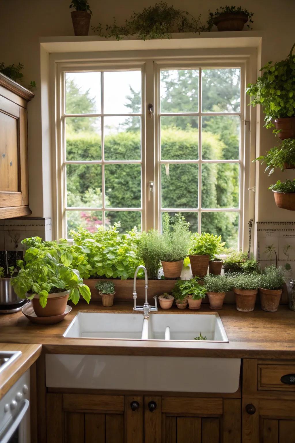 A kitchen green thumb window filled with aromatic fresh herbs.