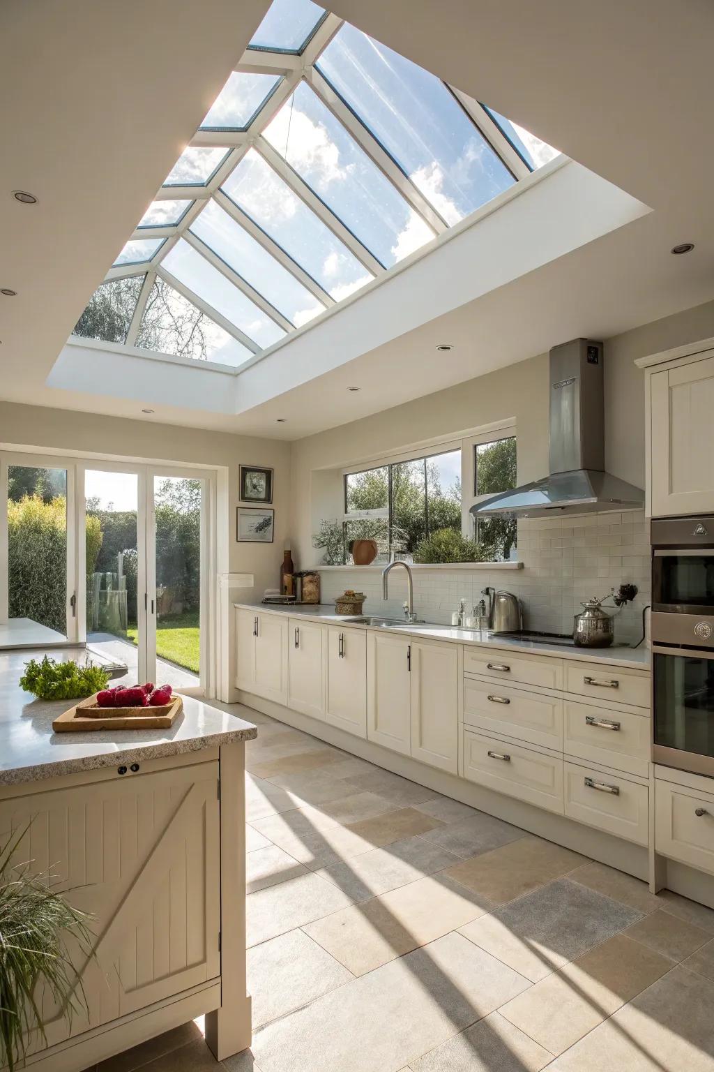 A skylight floods the kitchen with natural light, crafting an inviting and luminous atmosphere.