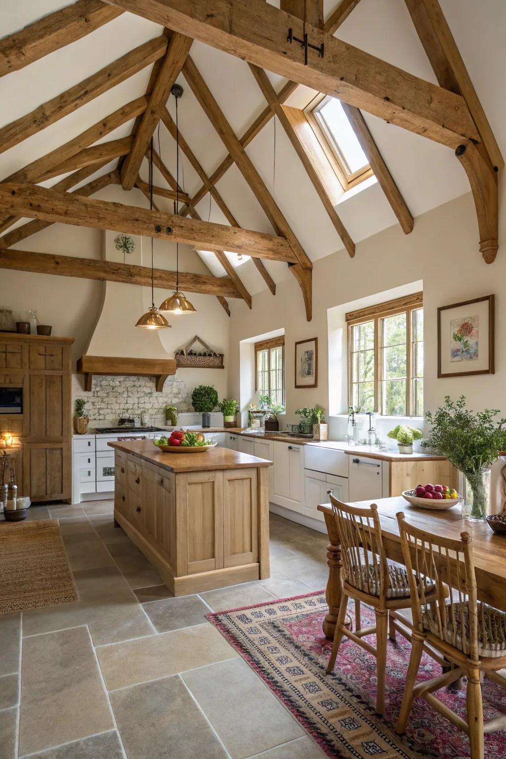 Exposed timber beams imbue this vaulted kitchen with a rustic, inviting ambiance.