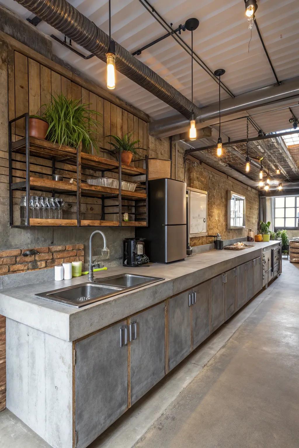 A kitchen with an industrial aesthetic featuring engineered stone worktops with metal and wood features.