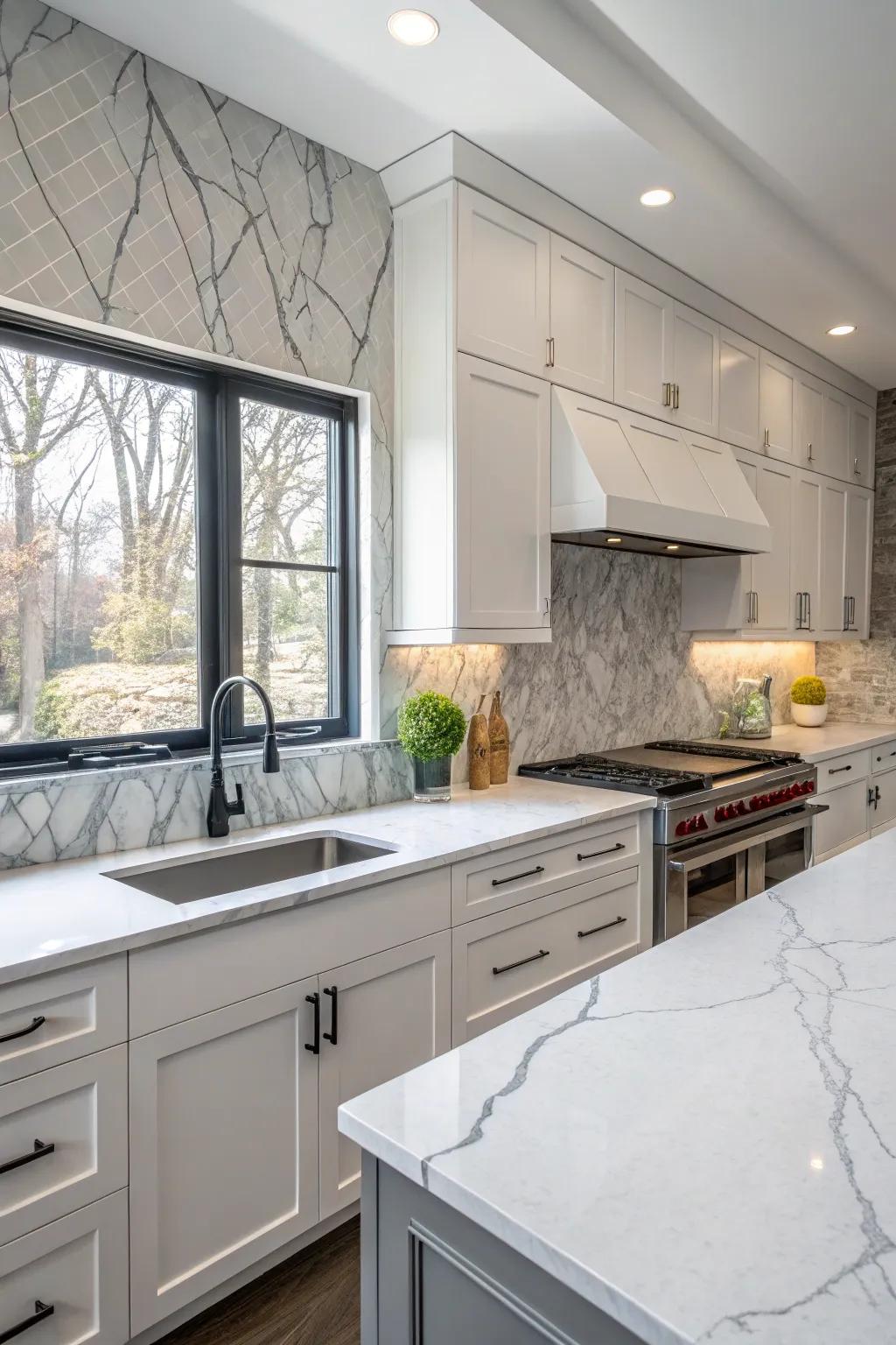 Classic white quartz countertops paired with subtle gray veining.