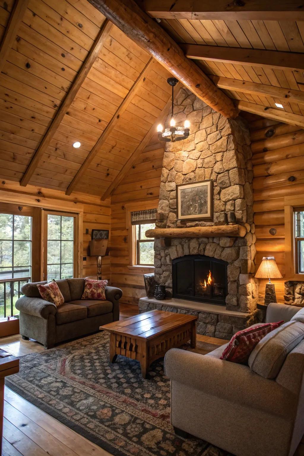 A countryside lodge interior which highlights the appeal of pine planks.