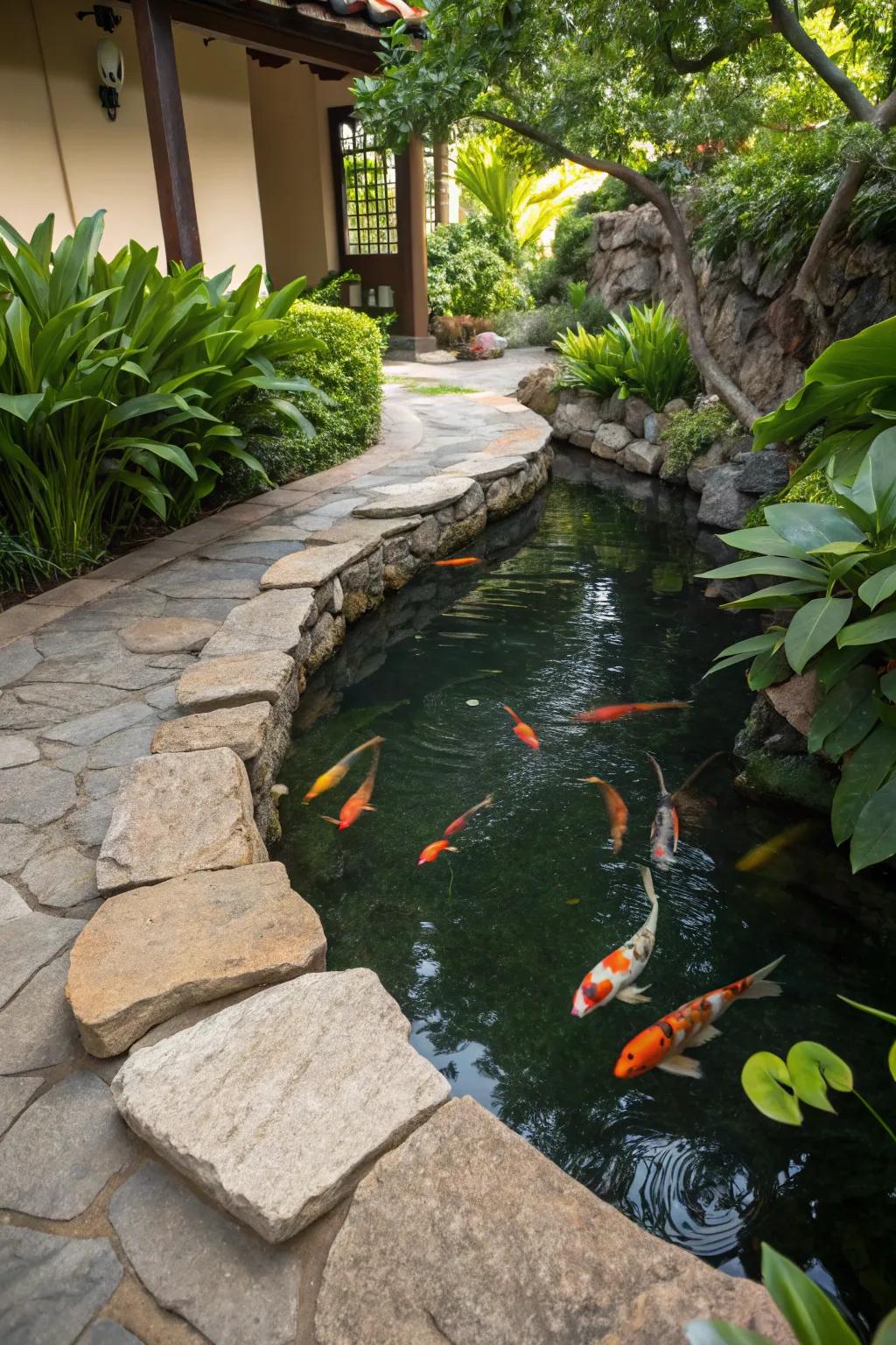 Natural stones provide a rustic touch to this koi pond.