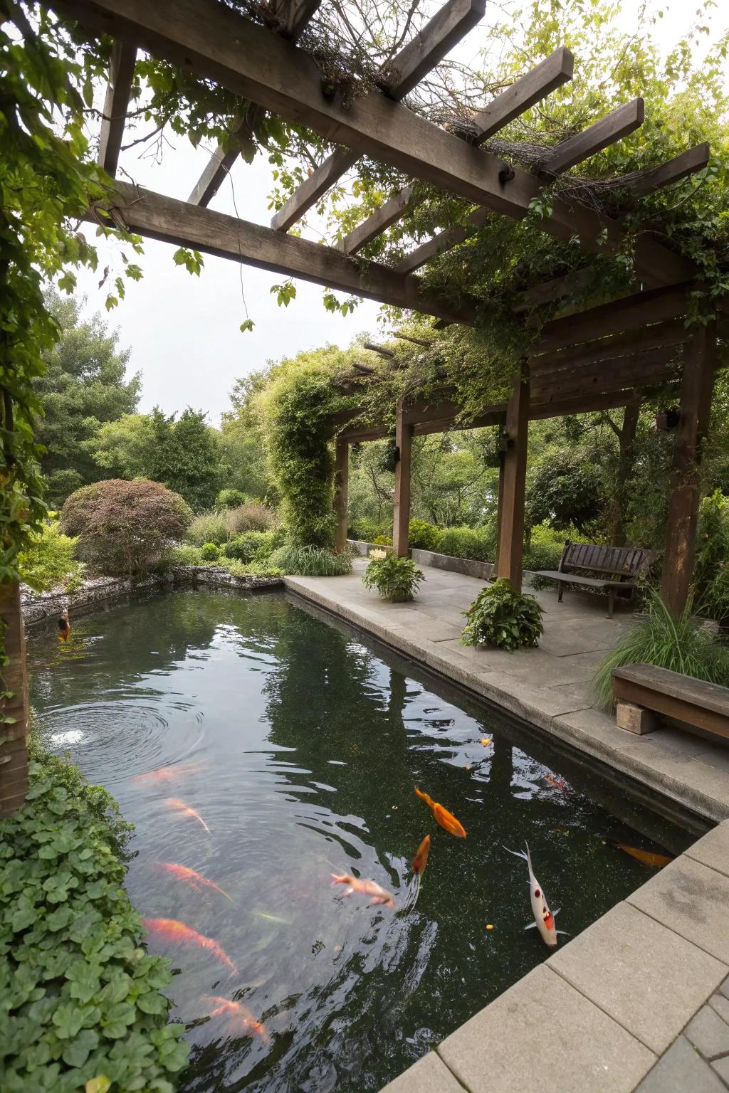 A wooden pergola with climbing plants shading a koi pond.