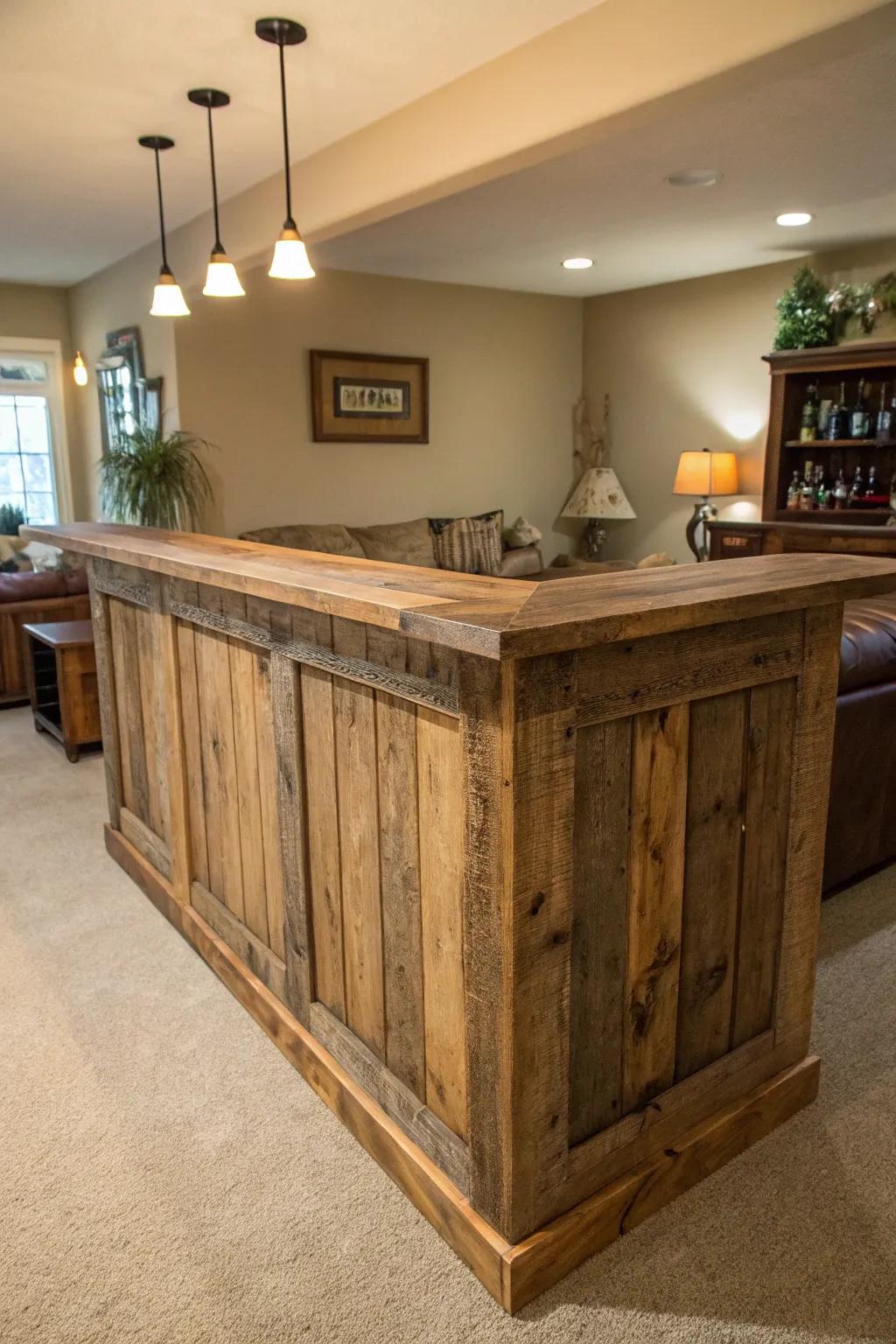 Recovered lumber infuses countryside allure into this L-shaped bar.