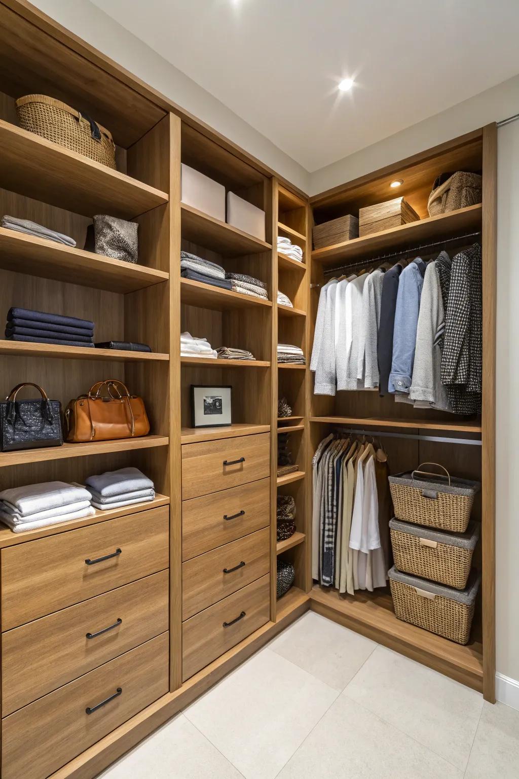 Tailored shelving solutions use every corner of your L-shaped closet to its fullest.