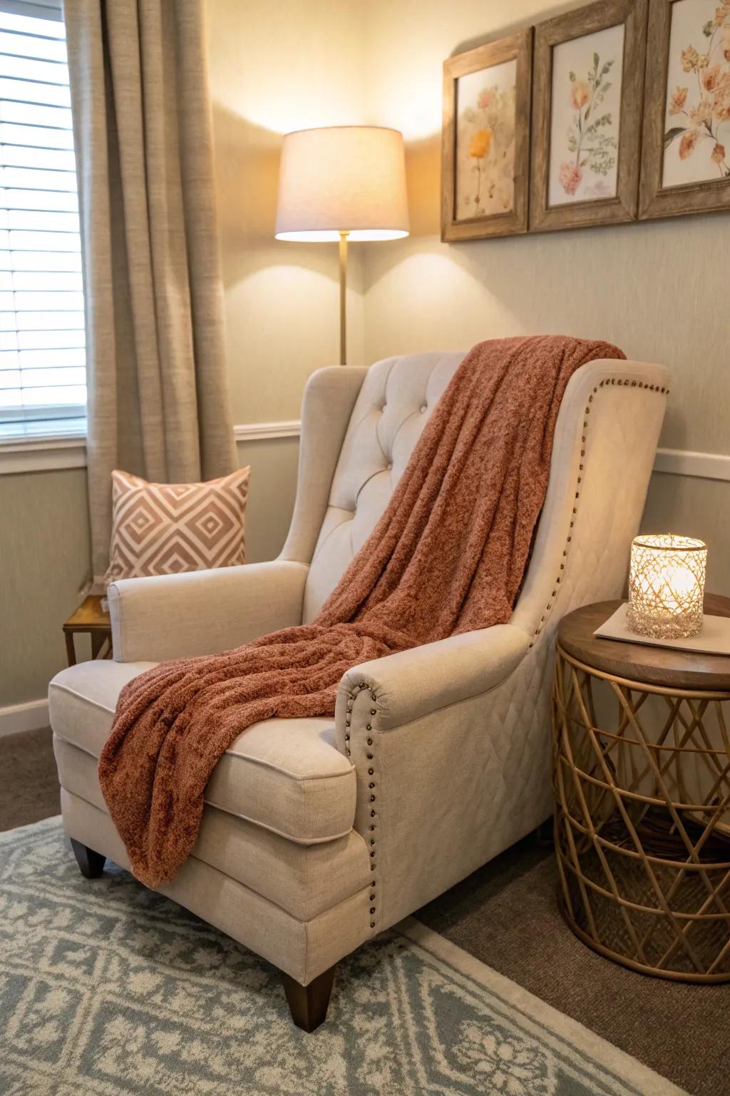 A deluxe chair paired with a soft throw creates a cozy, welcoming space.