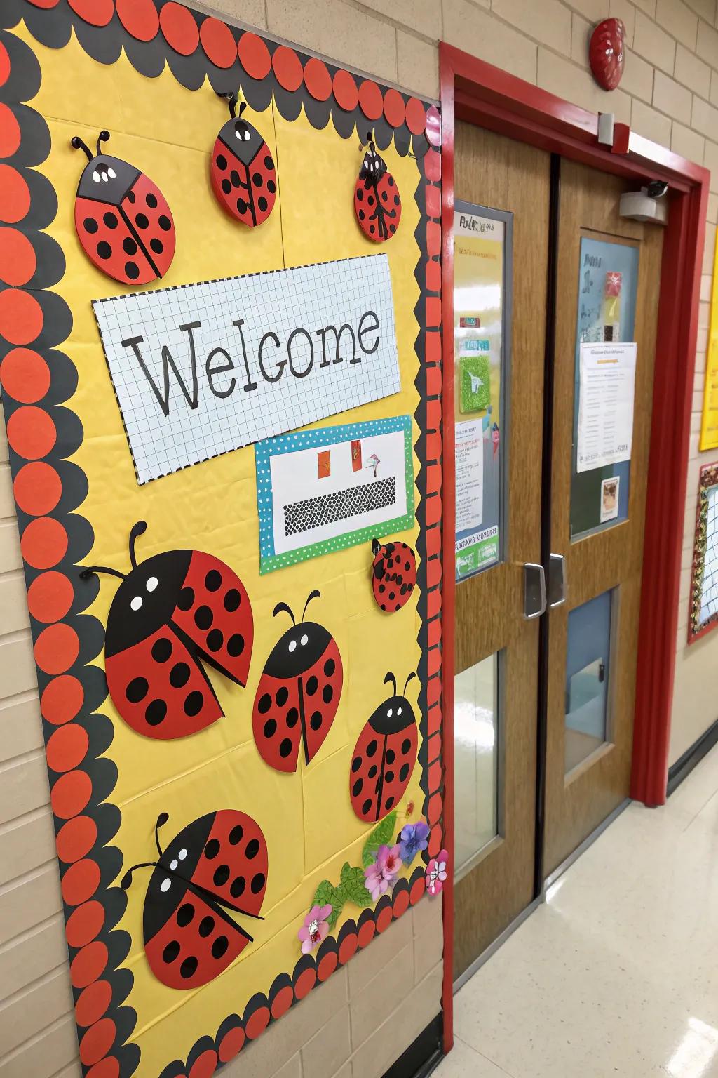 A welcoming beetle-themed announcement board, ideal for greeting pupils.