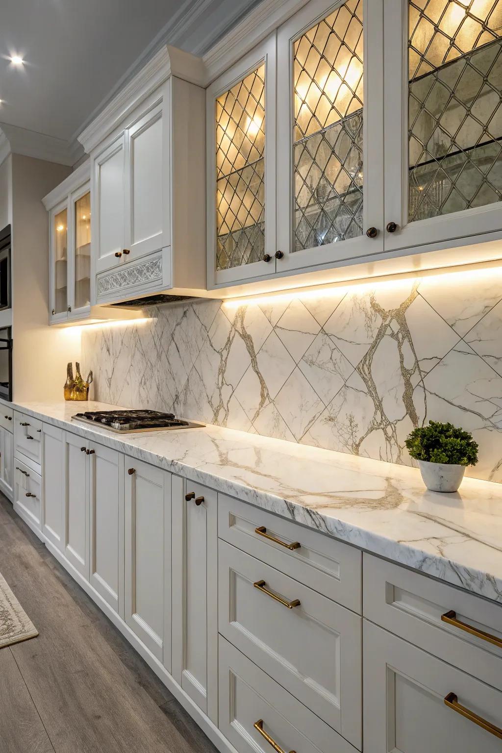 Marble-look synthetic stone countertops introduce sophistication to any cooking space.