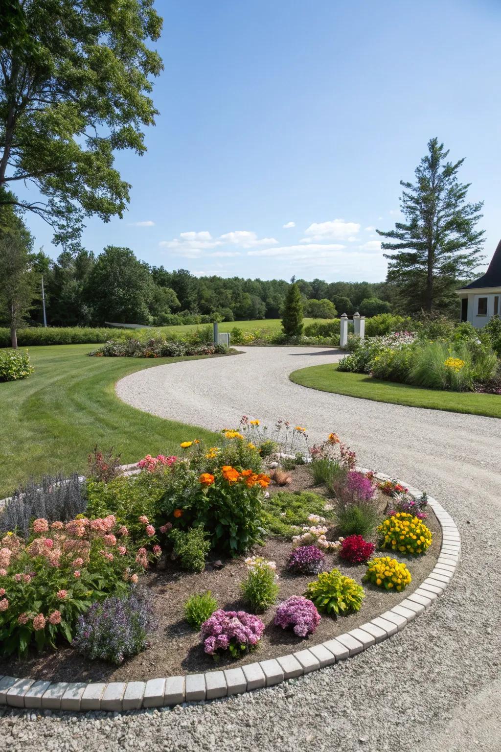 A circular driveway, spotlighting a central floral feature.
