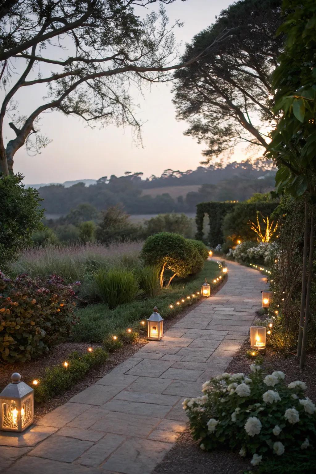 A peaceful garden pathway enhanced by the gentle glow of pathway lights.