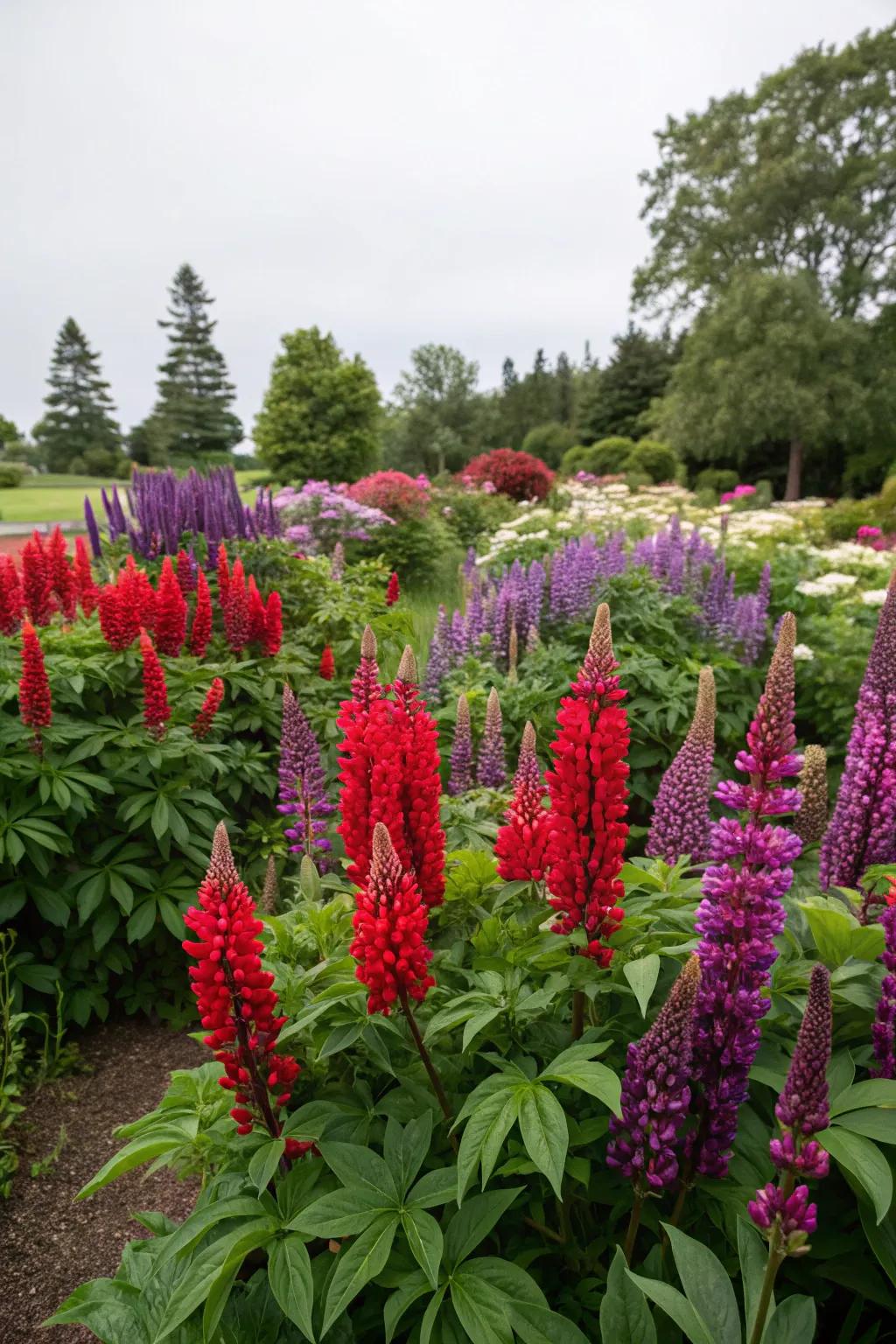 A captivating garden bed showcasing vibrant red and purple flowers.