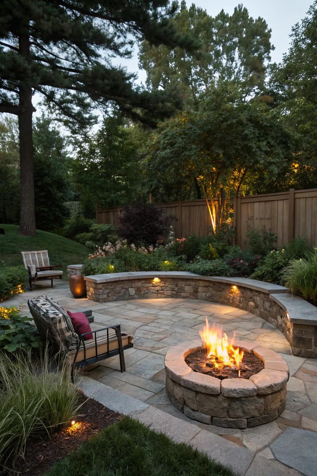 An attractive fire pit zone featuring stone seating, ideal for evening get-togethers.