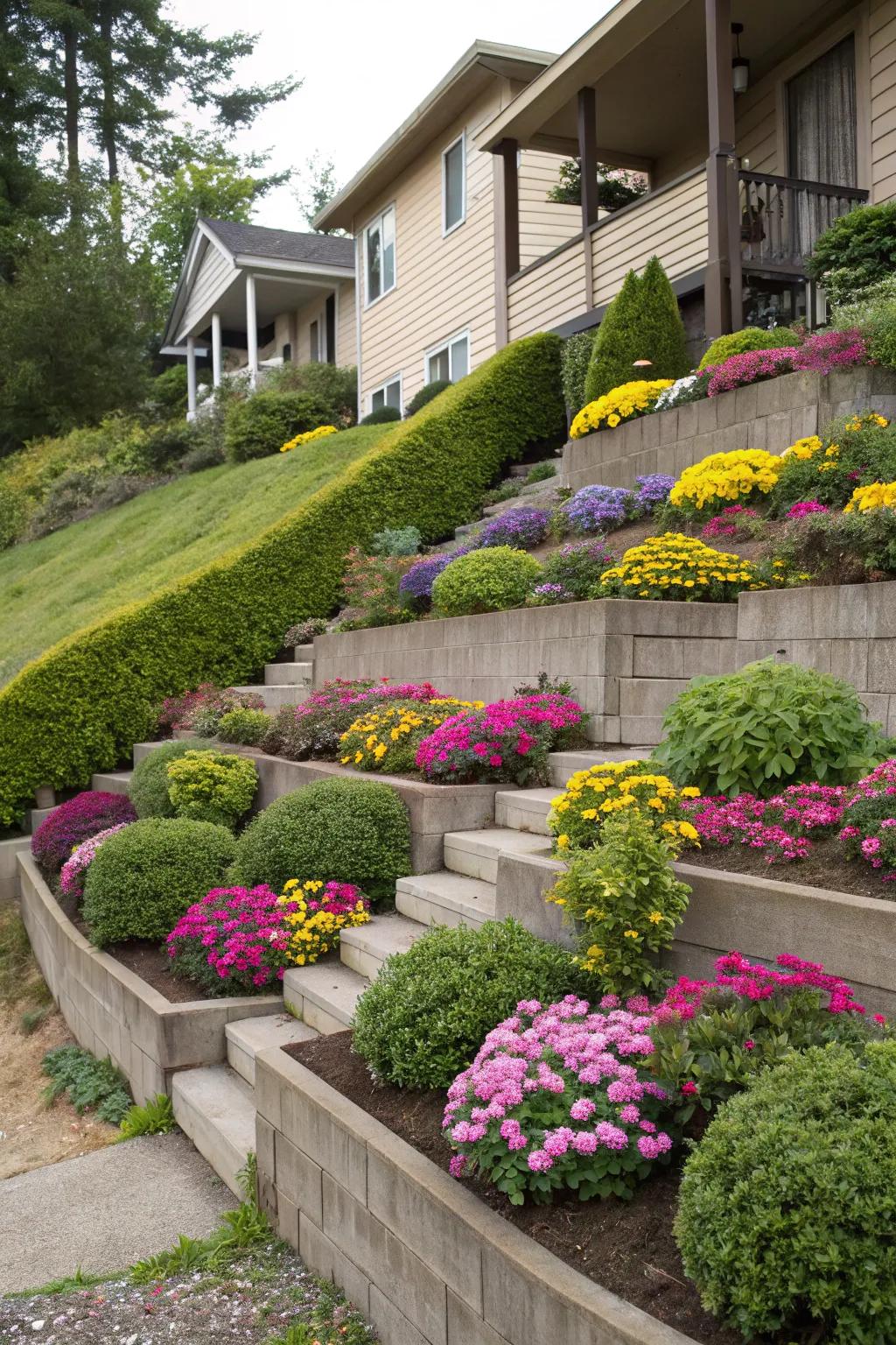 Tiered gardens revolutionize gradients into practical, visually appealing botanical displays.