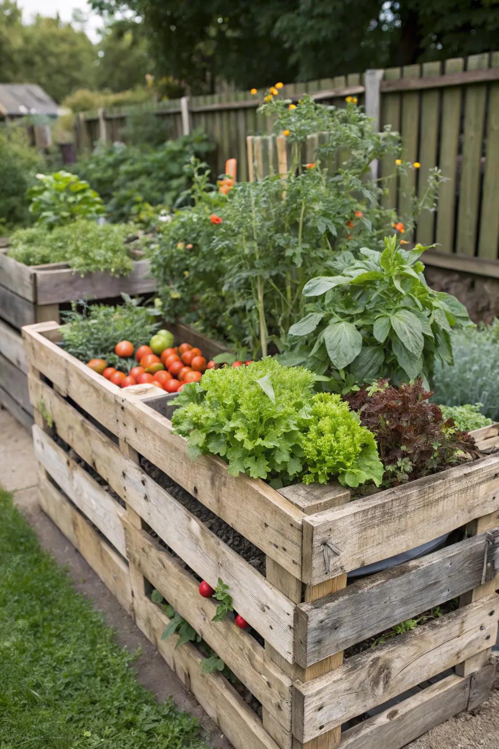 Wood skids are a charming and affordable way to create elevated beds for your garden.