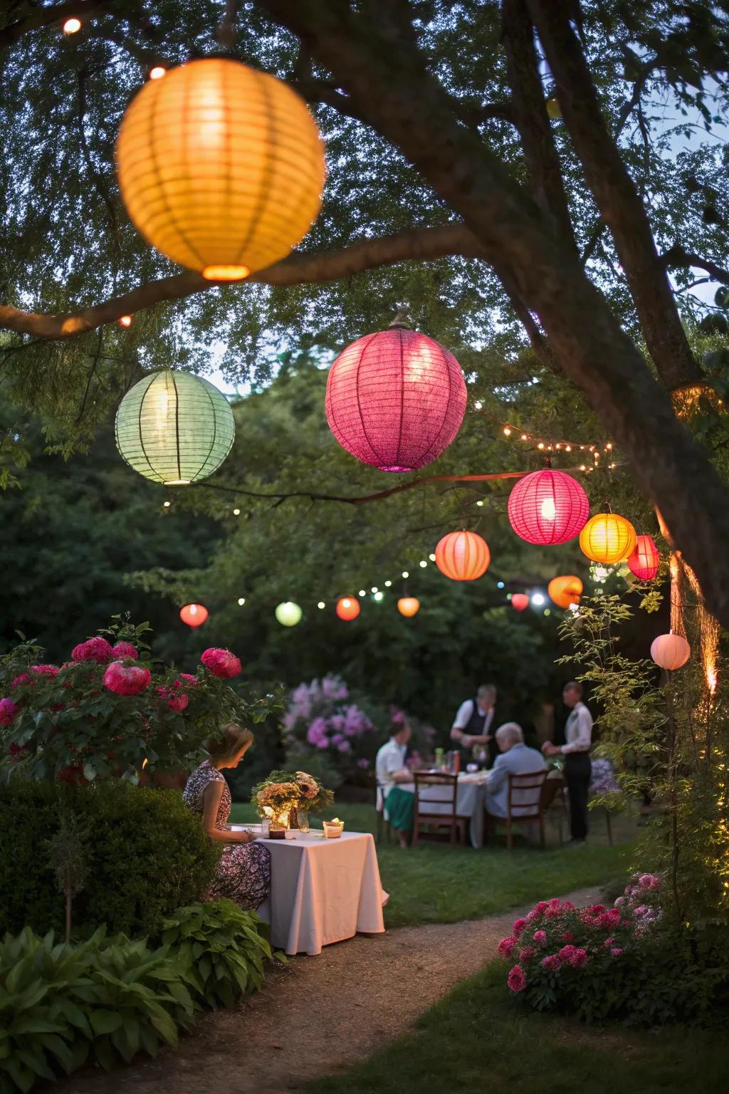 Vibrant paper lanterns bring a playful touch to a garden celebration.