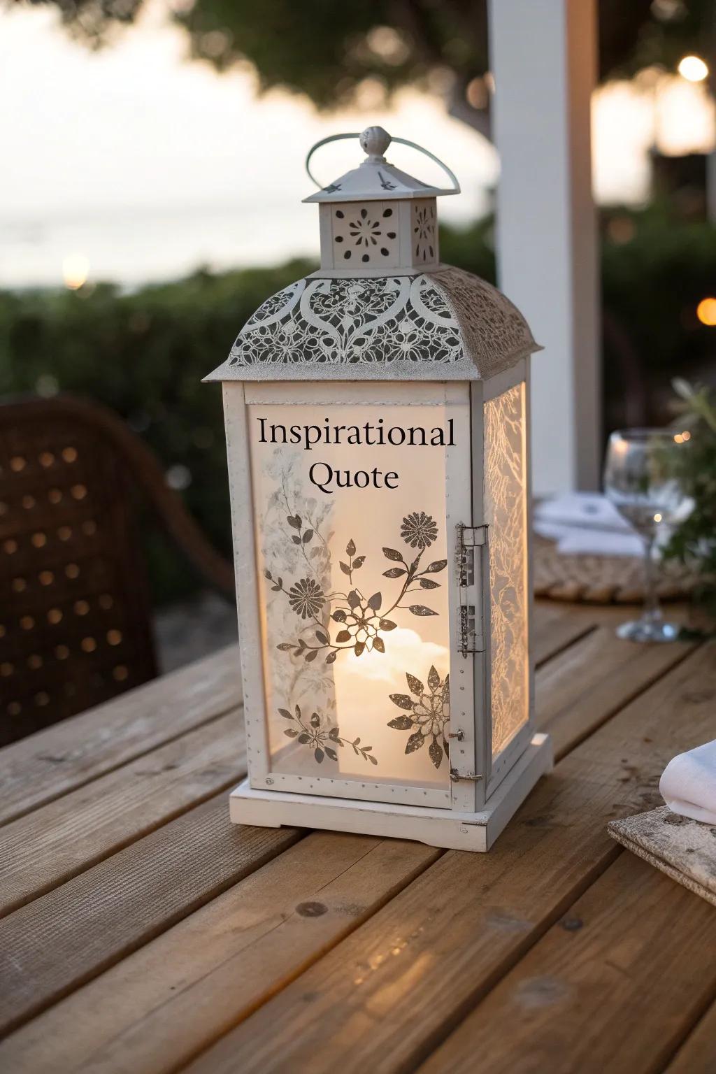 A lantern personalized with an engraved sentiment.
