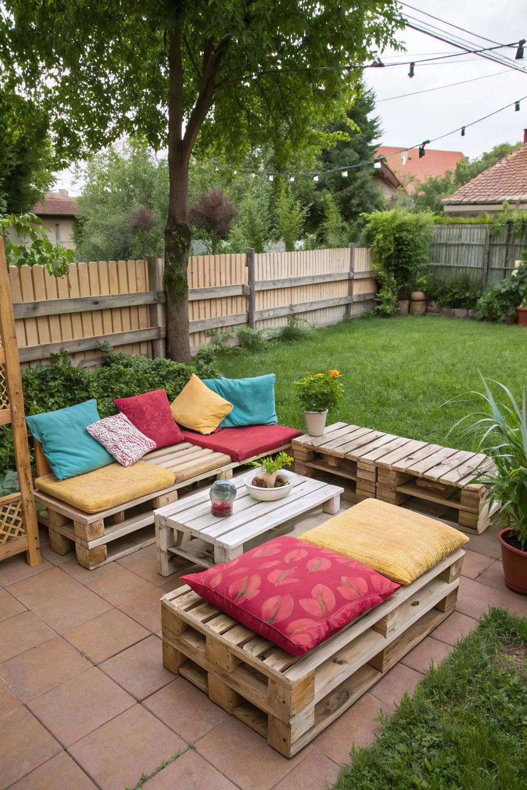 Pallets and cushions work together to create an attractive, budget-friendly seating arrangement.