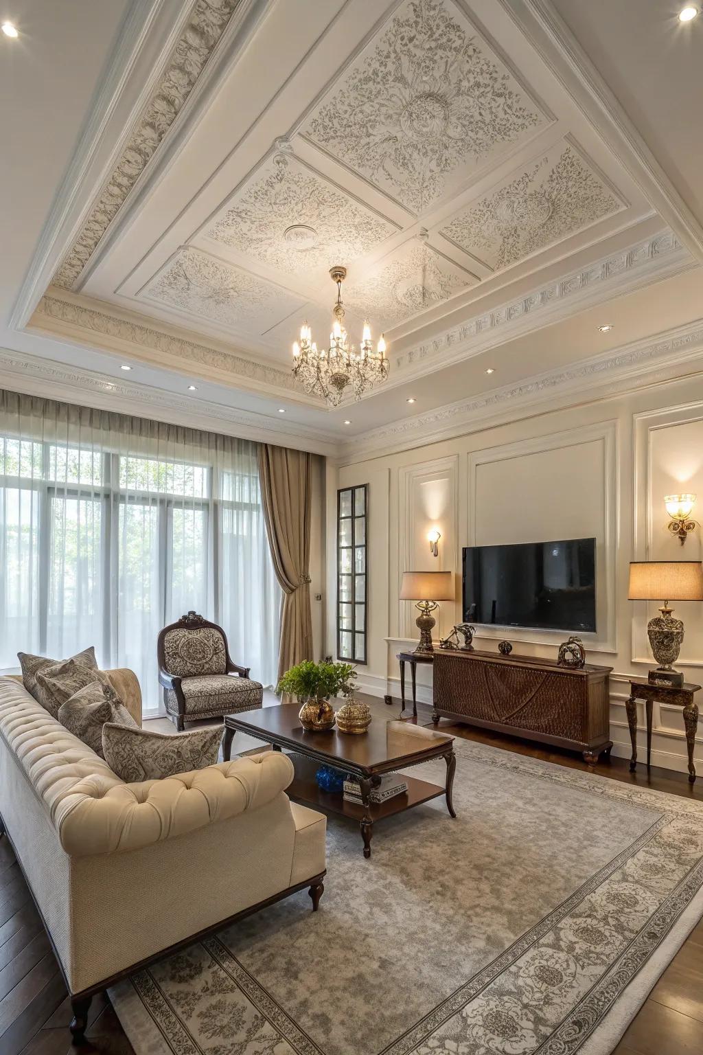 A vast living space showcasing ample trim outline, heightening the room's grandeur.