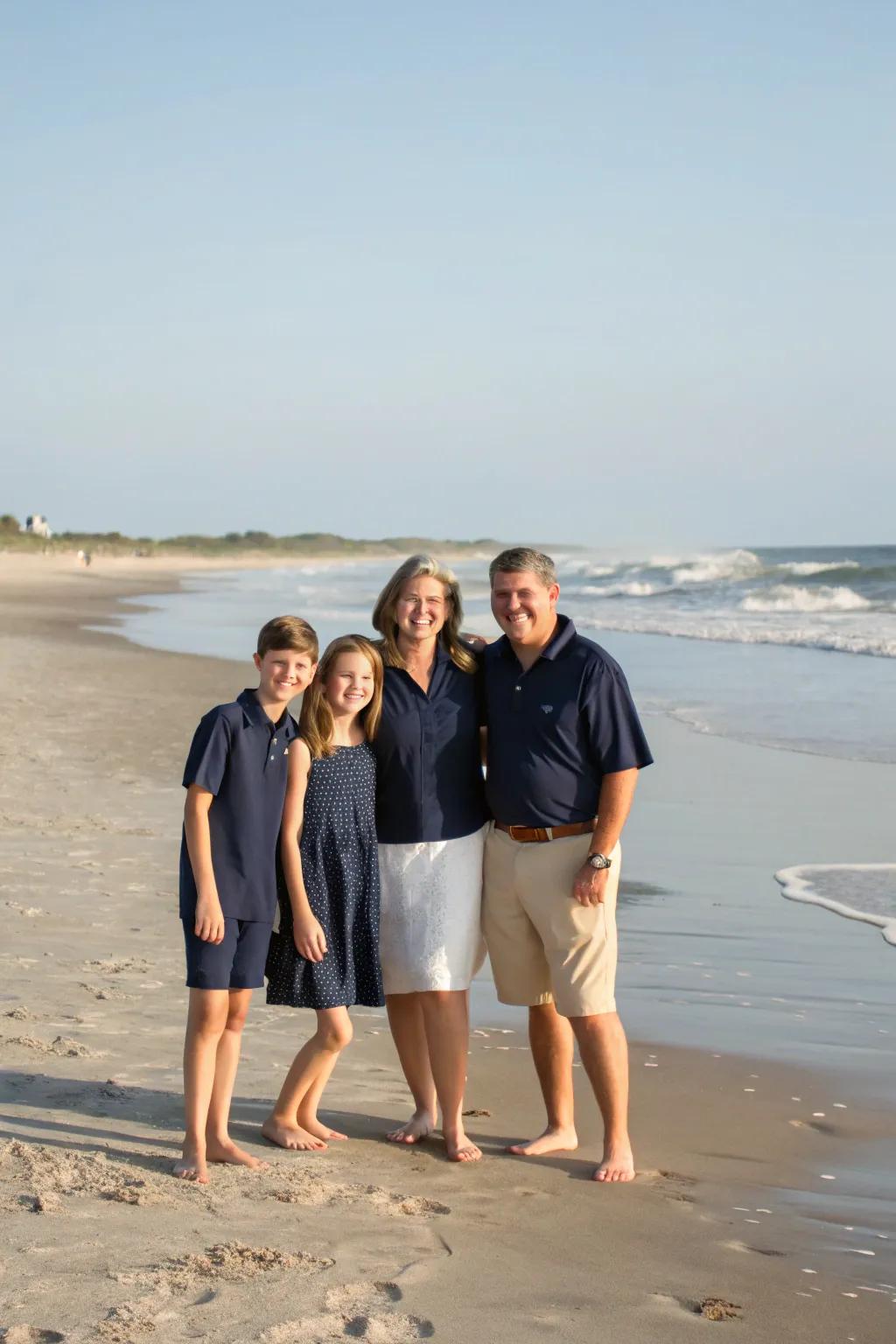 Blue and crème ensembles produce a classic aesthetic that excels in beach environments.