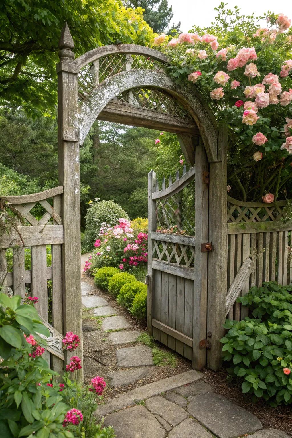 A traditional timber arched entrance provides a delightful introduction to any outdoor space.