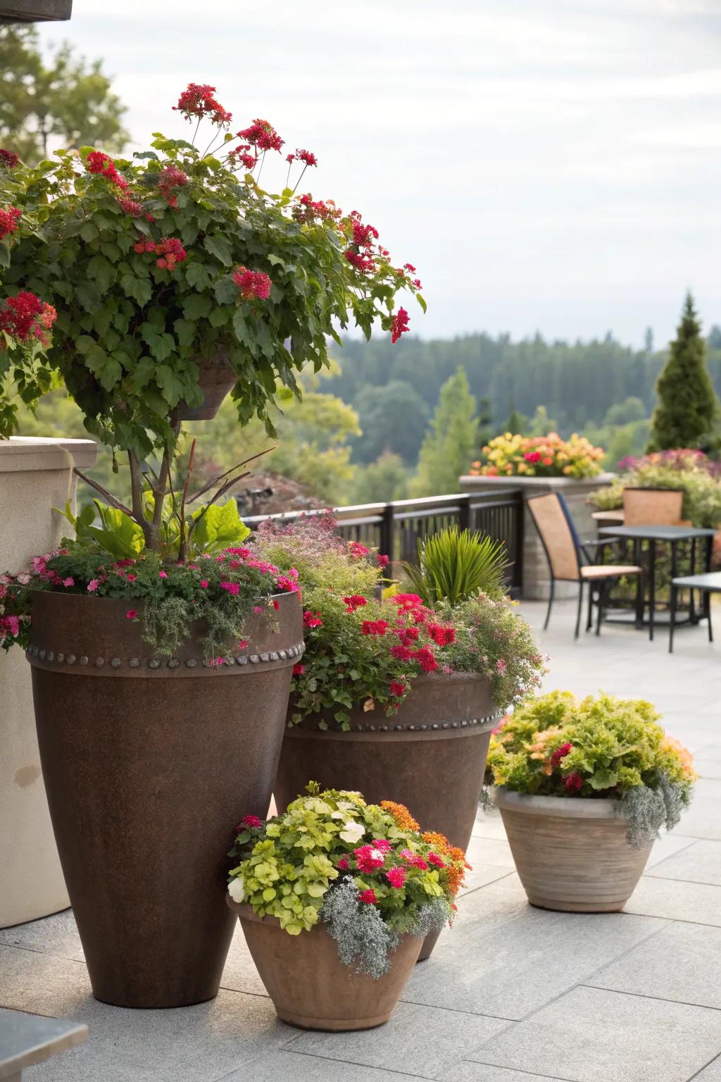 Produce engaging visuals using plant containers of different sizes.