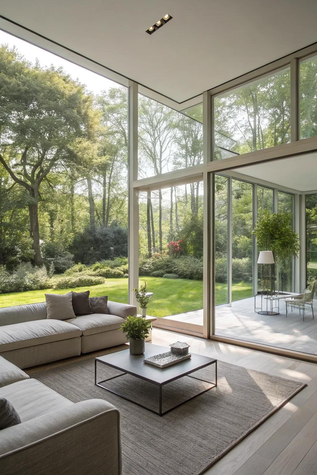 A contemporary living area that obscures the demarcation between indoor and outdoor settings through the implementation of broad glass structures.