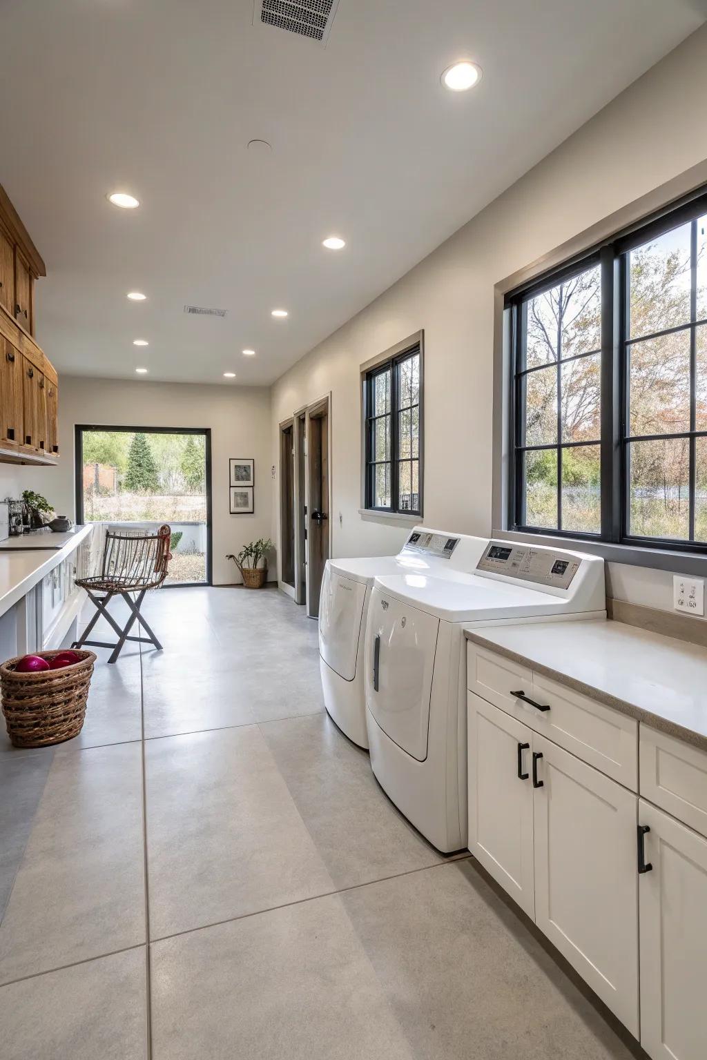 A neatly arranged laundry room featuring an open layout.