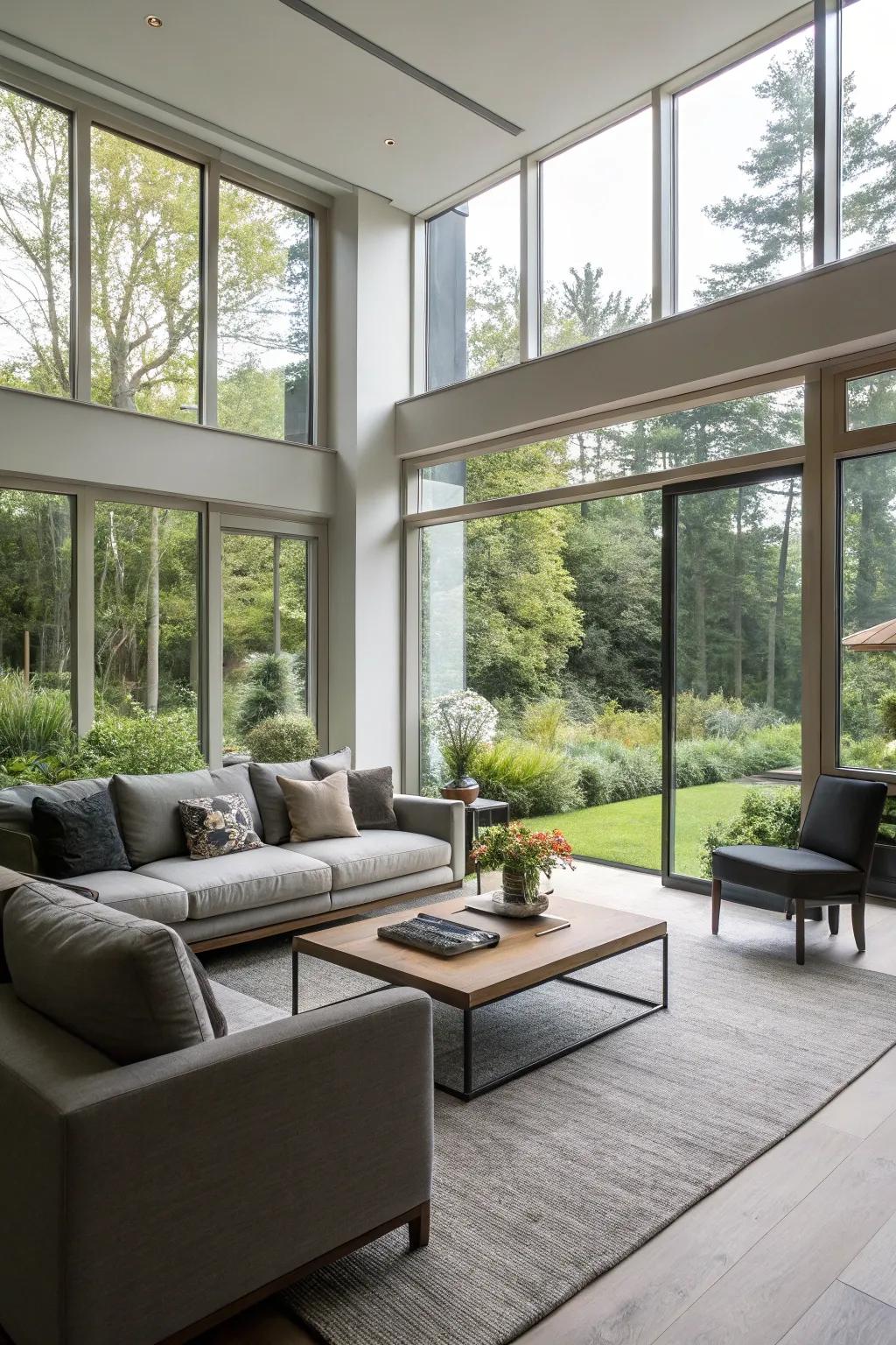 A living area showcasing floor-to-ceiling windows that seamlessly blend the boundaries between the interior and the exterior.