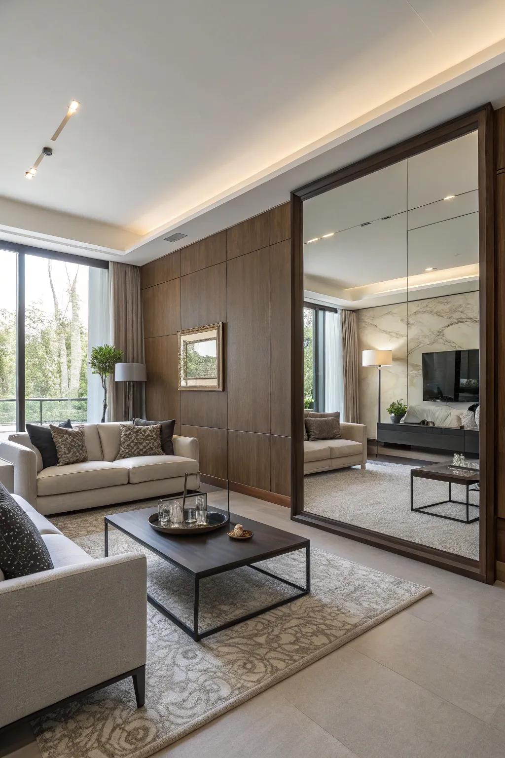 A grand wall mirror gives the impression of increased space within this stylish living quarter.