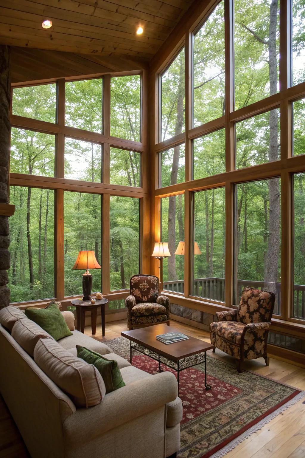 A family room boasting an entire wall of windows, flawlessly merging interior and exterior areas.
