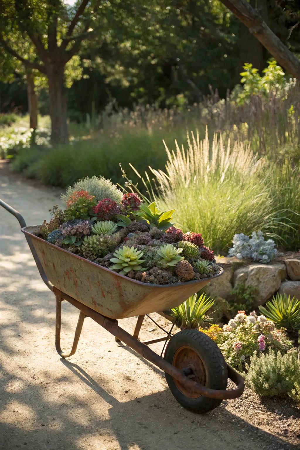 A charming wheelbarrow garden overflowing with healthy succulents.