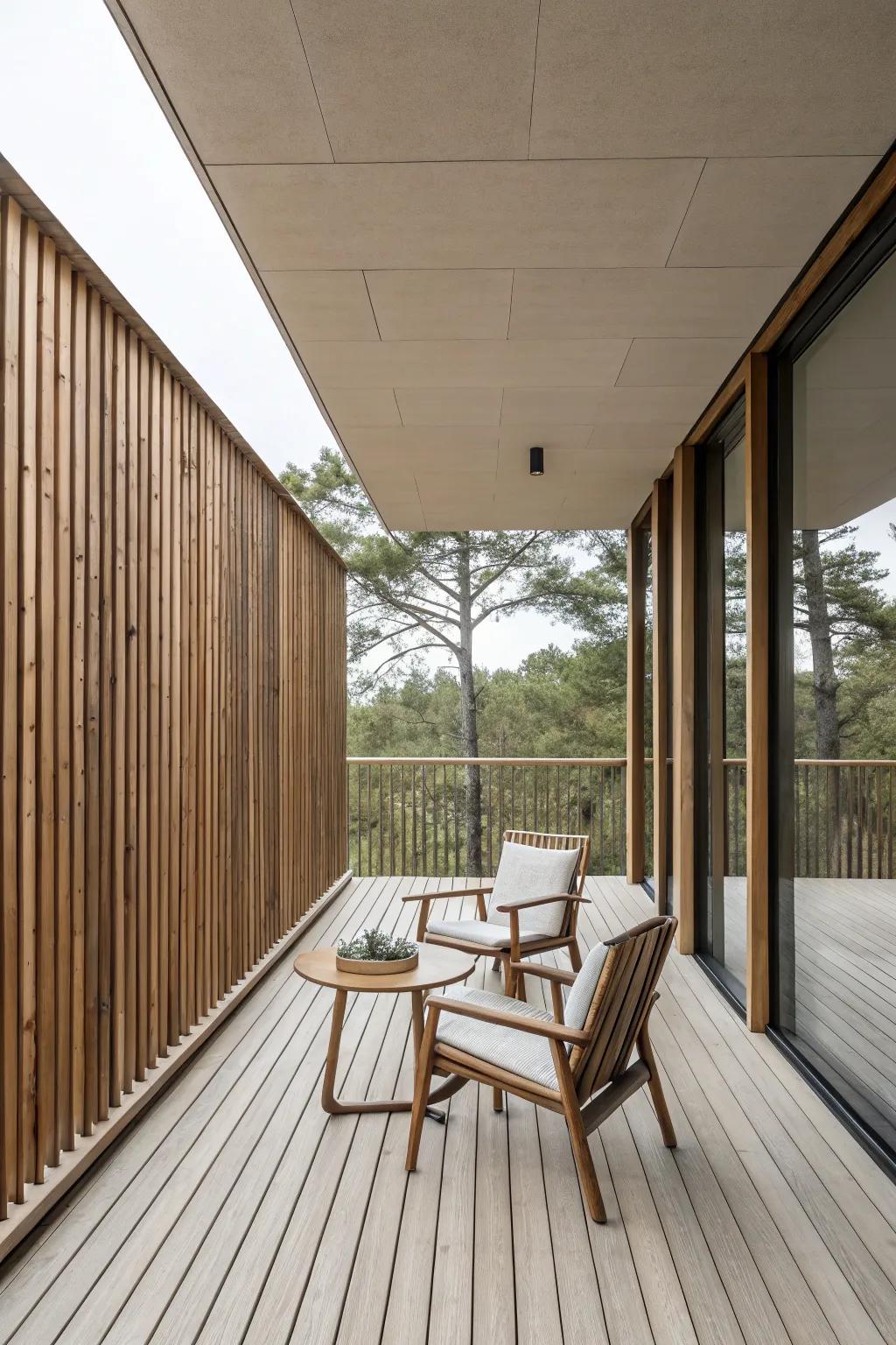 Vertical wood planks impart a contemporary atmosphere to this outdoor setting.