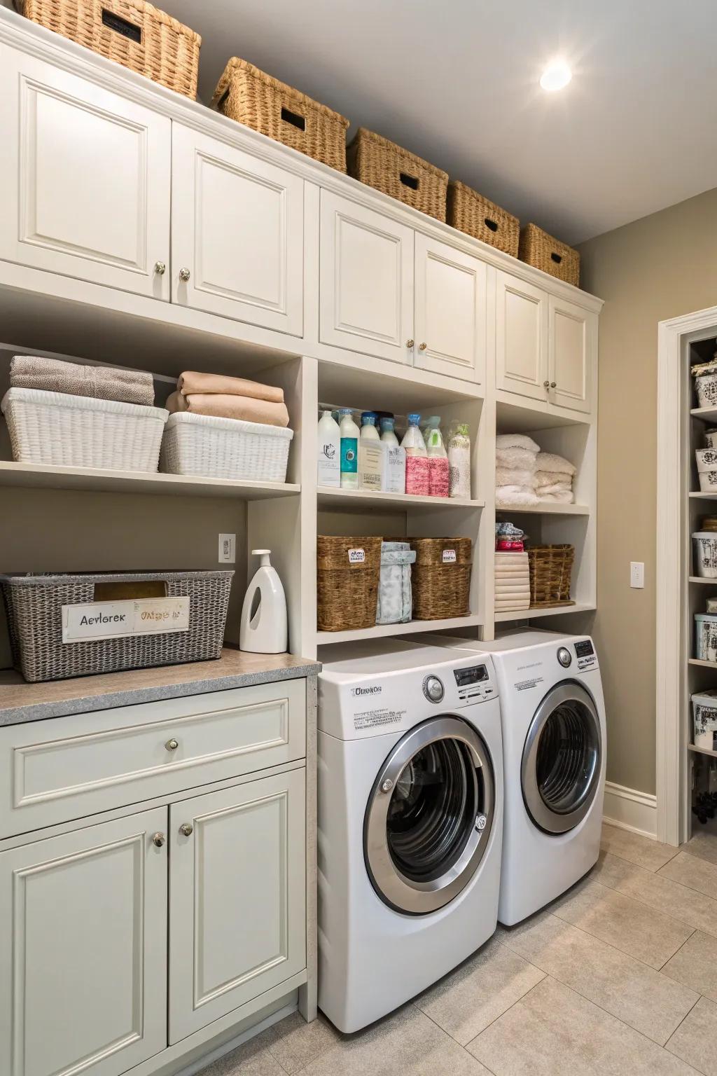 Efficient vertical storage solutions keep your laundry area neat and functional.