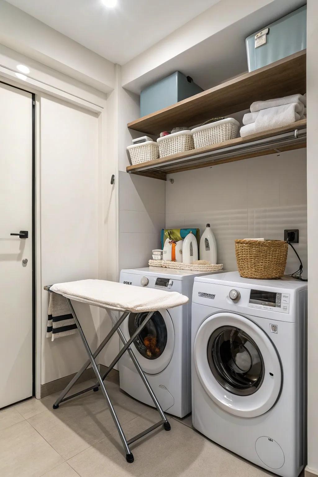 A smart folding table over the appliances saves valuable room.