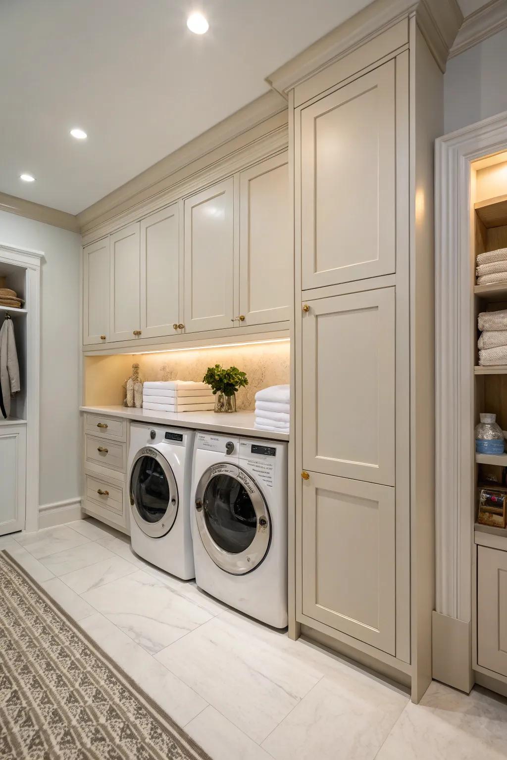 Flush cabinets bring refinement and cleverly conceal laundry machines.