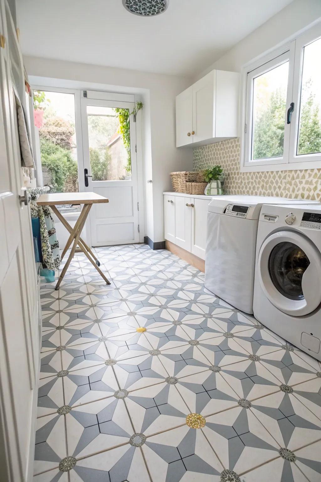 Geometric patterned tiles infuse vibrancy into this laundry room.