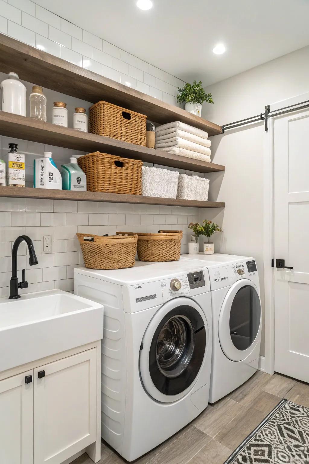 Open shelves provide more storage above the washer and dryer.