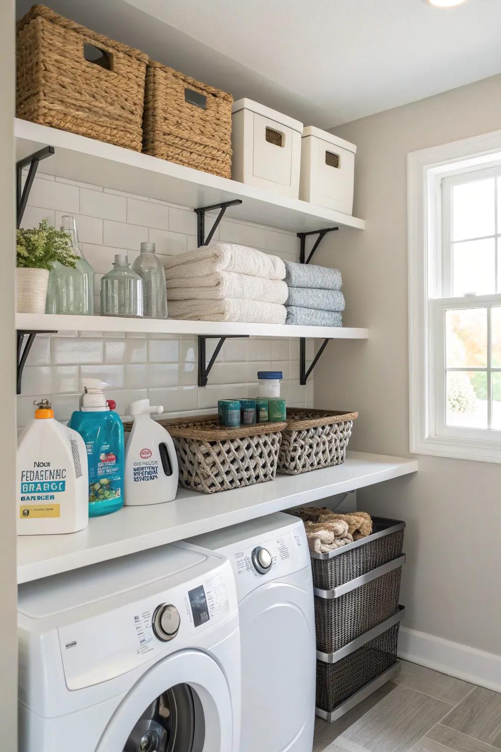 Floating shelves give this well-organized laundry room a modern edge.