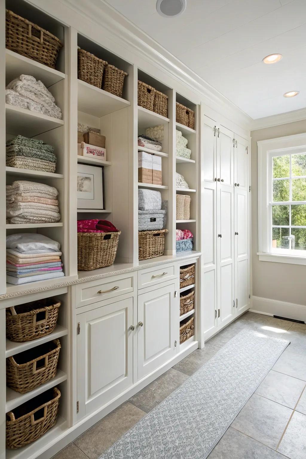 Elegant floor-to-ceiling cabinets optimize storage.