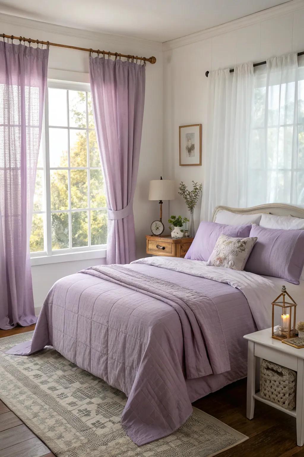 A cozy bedroom featuring lavender bedding and curtains bathed in soft morning light.