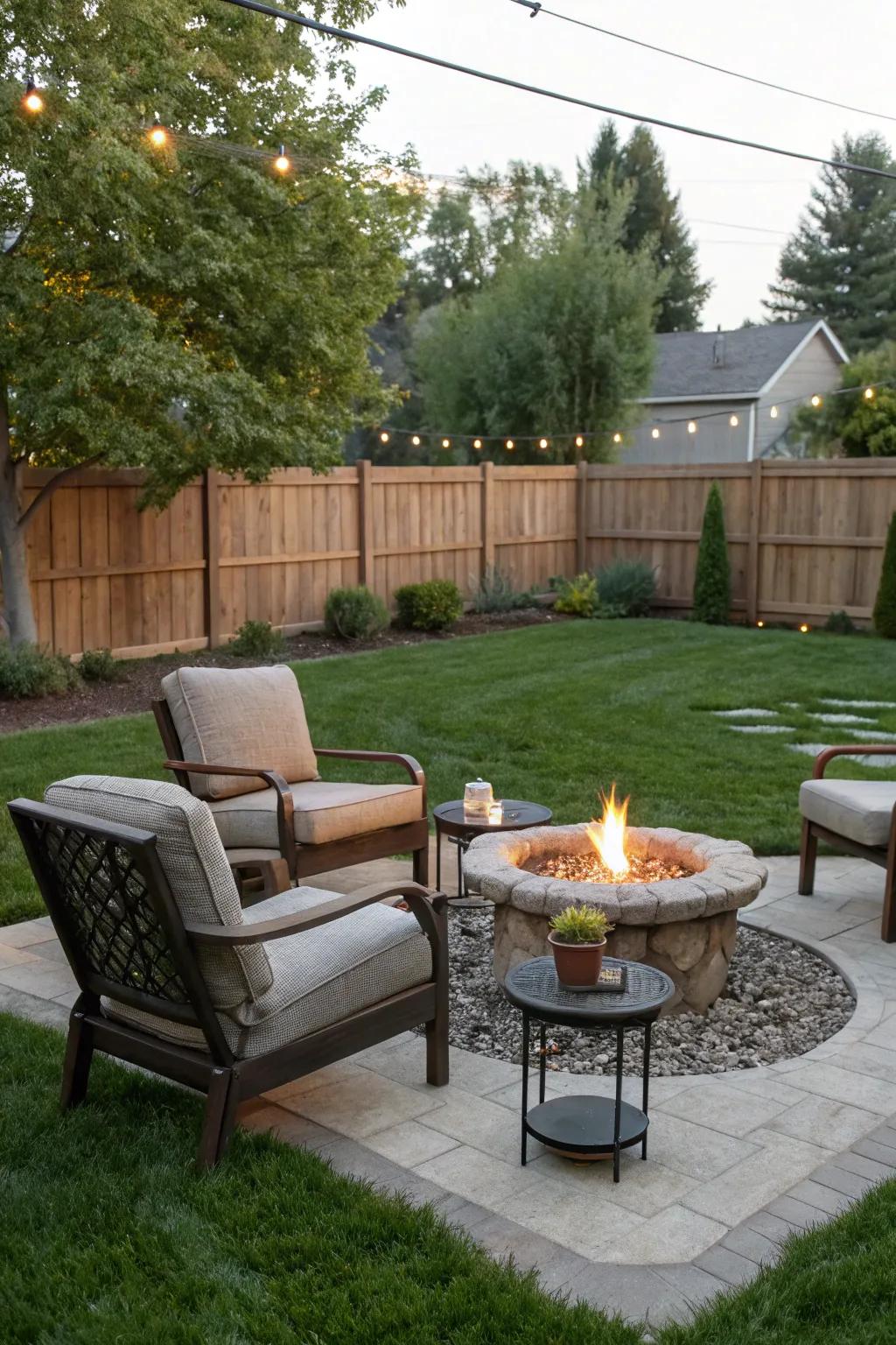 An inviting outdoor living space with seating and a fire pit, perfect for gatherings.