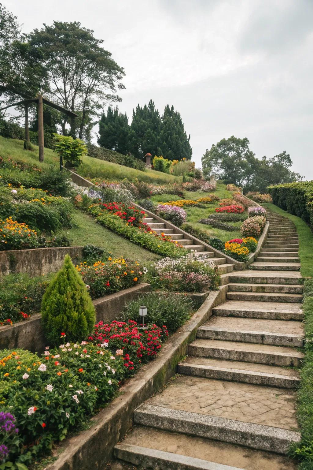 Multi-level flower beds enhancing depth and dimension.